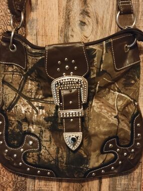 Studded Buckle Crossbody Bag in Brown Camo